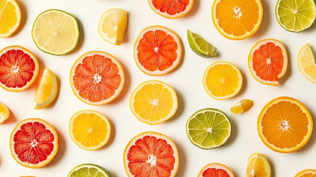 A flat lay of various citrus fruits: oranges, lemons, limes, and grapefruit.