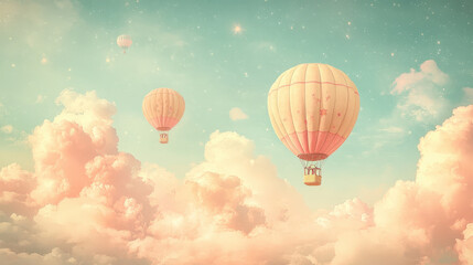 Fototapeta premium Vintage hot air balloons with soft pastel hues floating in the sky