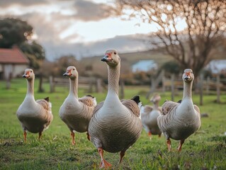A group of geese walking on a grassy field during sunset.