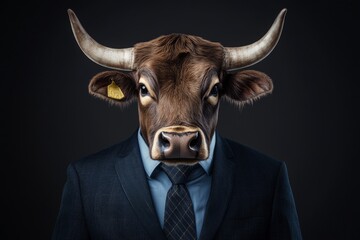 Human enhanced stock anthropomorphic bull dressed as a boss in a business suit.