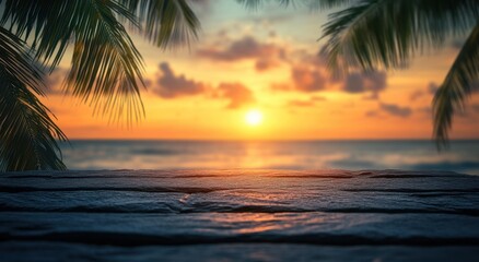 A serene sunset over the ocean, framed by palm leaves, evoking tranquility and relaxation.