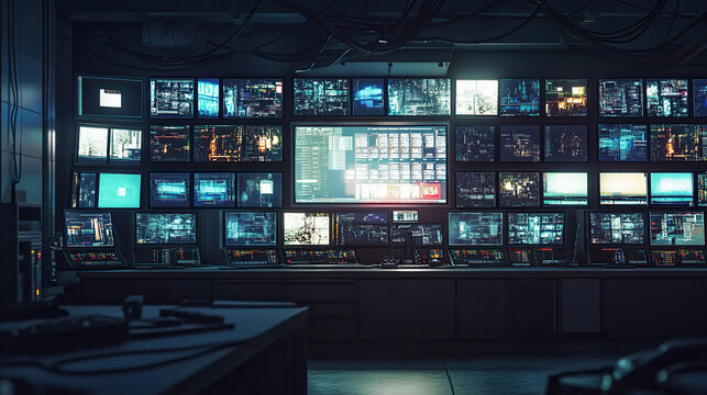 TV backstage scenario featuring multiple screens displaying various programs and feeds, with crew members working to prepare for a live broadcast, creating a dynamic and busy atmosphere.