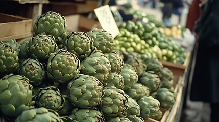 Fototapeta premium Green artichokes piled high at a farmers market stand