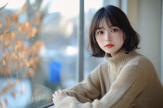 Young Japanese girl at home, near the window looking at the camera.