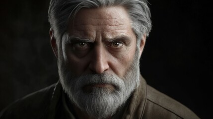 Fototapeta premium He has gray hair and a beard, his eyes filled with wisdom, as the dramatic lighting emphasizes his character and life's stories.