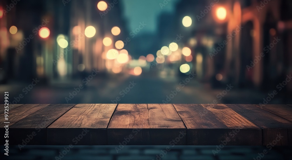 Canvas Prints A blurred city street at dusk with a wooden tabletop in the foreground.