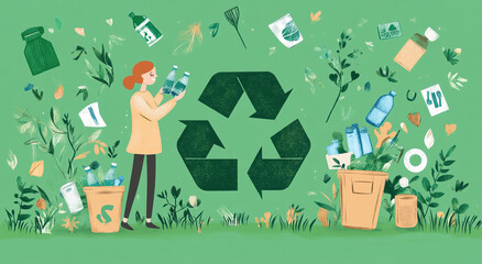 A green illustration symbolizing recycling, featuring the iconic recycling arrows in a circular formation. The design emphasizes sustainability and eco-friendly practices through a minimalist and clea