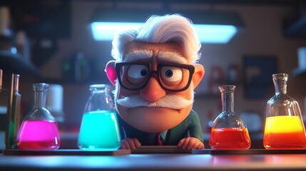 A cartoon character of a mad scientist or a crazy professor in a science lab.