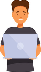 Young adult man is holding an open laptop computer while smiling slightly