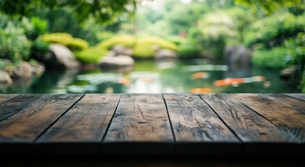 A serene pond view with wooden foreground, surrounded by lush greenery and rocks.