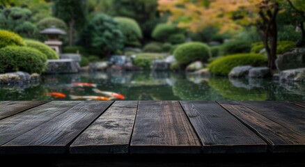 A serene garden scene featuring a pond with koi fish and lush greenery.