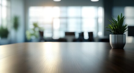 A close-up of a wooden table with a small plant and a blurred office background.