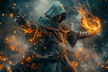Naklejka premium Battlemage in fantasy setting, sorcerer wearing mystical medieval clothing for a game character design in epic lighting fire ball. Magical warrior concept. Highly detailed and awesome image.