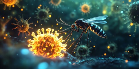 Naklejka premium Mosquito and virus in dark background.