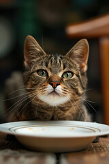 Playful Tabby Cat Sitting at a Dining Table Waving Paw Indoors