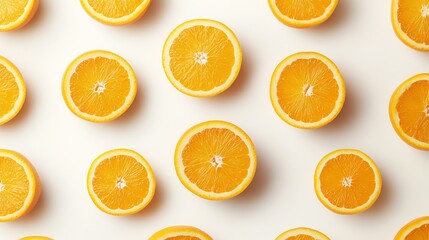 Slices of orange fruit arranged in a pattern on a white background.