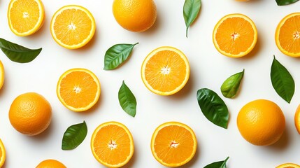 A flat lay of fresh oranges with leaves on a white background.