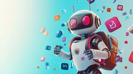 Naklejka premium A smiling robot wearing a backpack, ready for a digital adventure, with colorful icons floating around