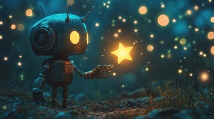 Naklejka premium A tiny robot handing a glowing star to a friend, with twinkling lights in the background of a night sky