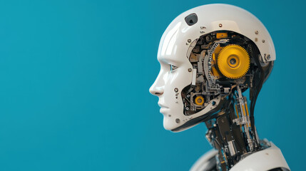 Obraz premium Mechanical gears turning inside a robotic head while it processes real-time stock data, [precision]