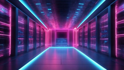 Fototapeta premium neon lights in futuristic sci - fi futuristic spaceship with glowing neon lines and reflections in dark space