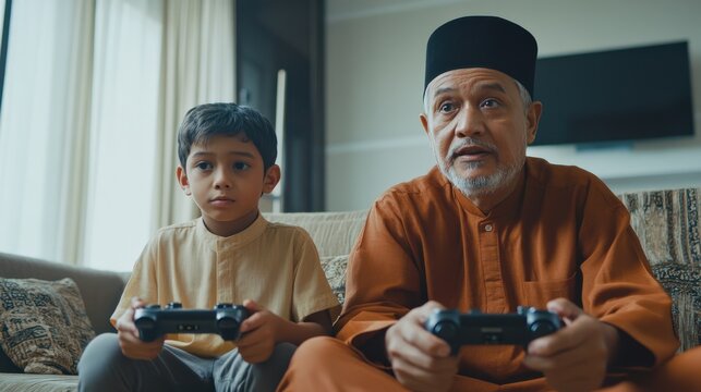 A Muslim father and his son share a joyful moment playing video games together on Father's Day, building their bond through fun