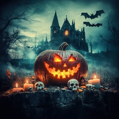 Spooky jack-o'-lantern with candles, Gothic castle at dusk
