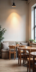 Minimalist cafe, coffee shop interior design with space for text