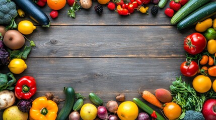 Fresh fruits and vegetables arranged around the edges of a rustic wooden table. © BozStock