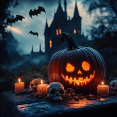 Grinning pumpkin among candles and skulls before haunted castle.