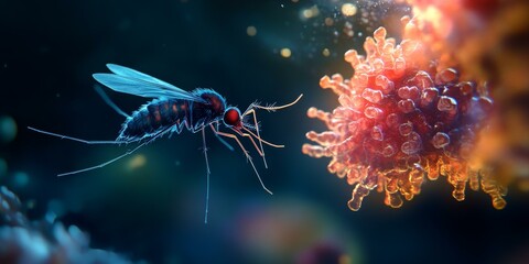 A mosquito flies towards a virus.