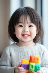 Smiling child holding colorful toy blocks indoors. Bright and cheerful image showcasing early childhood play and development.