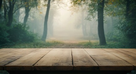A wooden table in a misty forest, creating a serene and inviting atmosphere.
