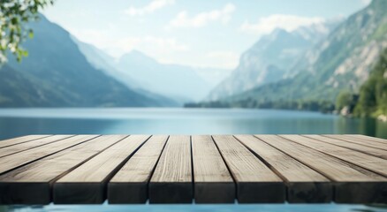 A serene lakeside view with a wooden table in the foreground, inviting relaxation and reflection.