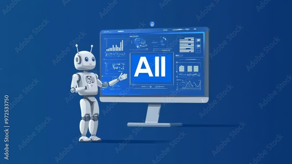 Poster using ai computer software and performing various abstract tasks. modern illustration in blue.
