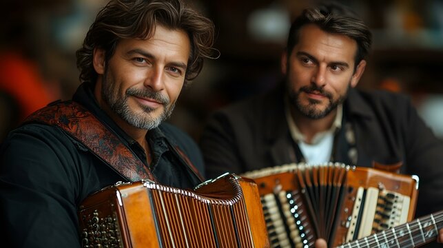  Two men smile joyfully while holding an accordion.