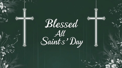 Blessed All Saints' Day message with two white crosses and floral decorations on dark green background with copy space