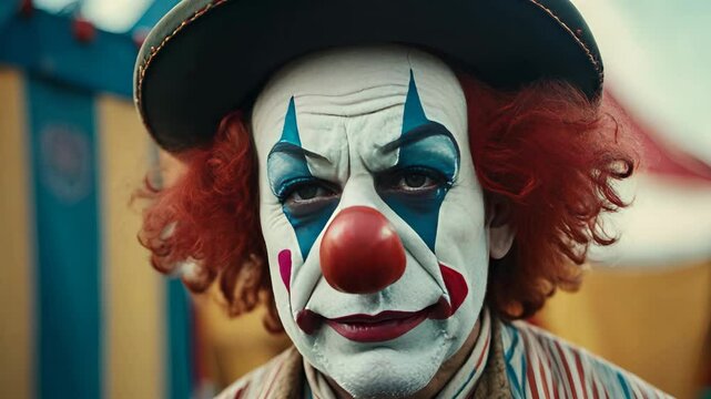 Funny sad clown with white make up face. Carnival mime artist performance. Lonely dramatic comedian grimace portrait. Scary tragicomic fun joker. Mysterious frightening comic character. Circus tent.