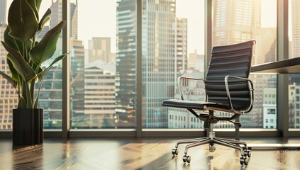 Black office chair empty desk overlooking city buildings through large windows. Business premises with skyline views of the city
