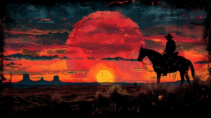 Naklejka premium Cowboy silhouette riding horse at sunset lasso in hand desert horizon in the background wild west style