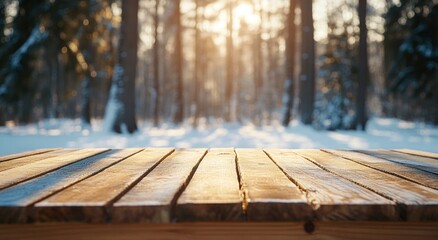 A wooden table in a snowy forest at sunset, creating a serene and inviting atmosphere.