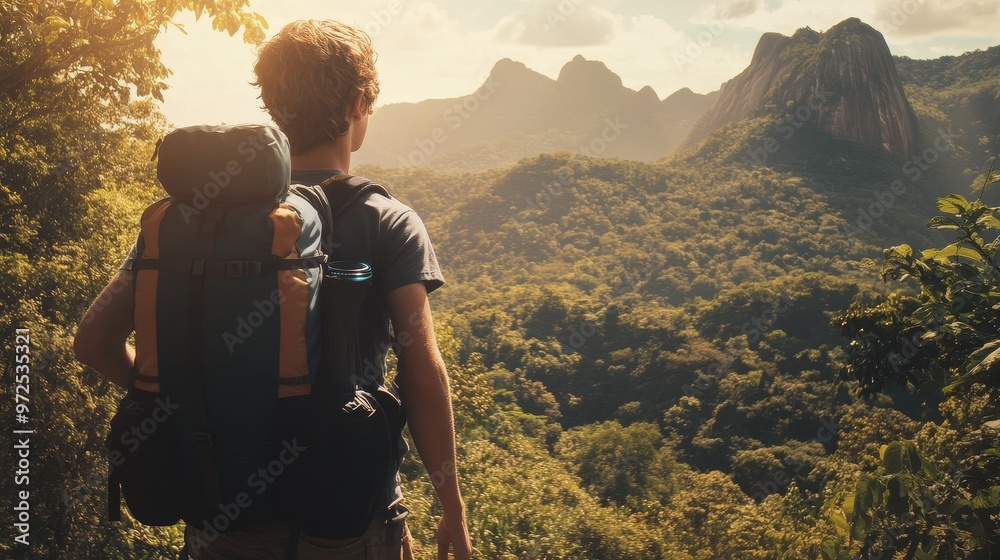 Wall mural a teenager with a backpack hikes outdoors in brazil, enjoying an adventurous weekend trip. the summe