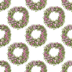 Funeral mortuary mourning flower wreath  seamless pattern. Hand drawn vector isolated symbol of cemetery and burial place. Sketch vintage illustration for design of funeral service
