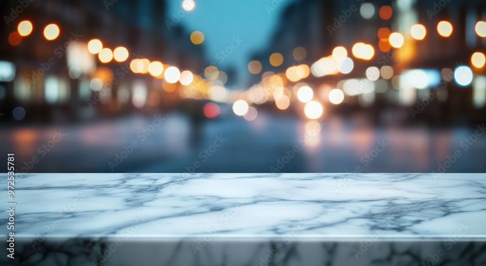 Sticker A blurred city street view with a marble countertop in the foreground.