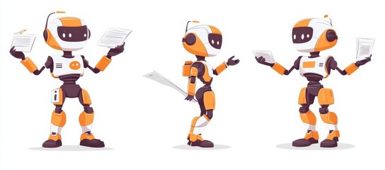 Embedded robotic abstract male figure with computer technician character set. Stock bundle with virtual assistant body, digital appearance kit, minimalistic modern illustration.