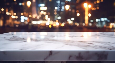 A blurred cityscape with a marble tabletop in focus, suggesting a dining or social setting.