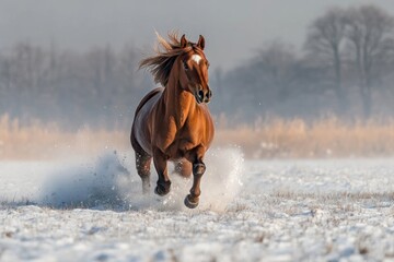 Obraz premium A brown horse galloping through snow, creating splashes and a dynamic scene in a winter landscape.