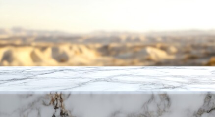 A marble countertop with a blurred landscape in the background.