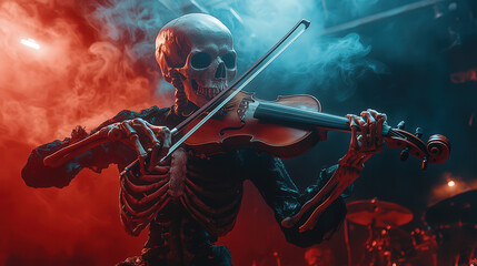 Fototapeta premium Skeleton playing an eerie violin solo on a haunted stage