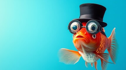 A goldfish wearing a top hat and round glasses.